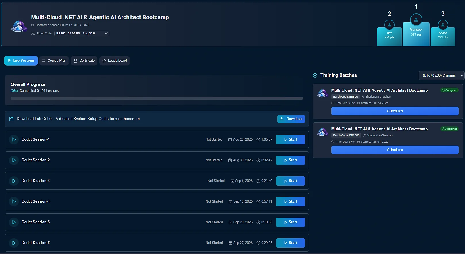 live sessions screen on ScholarHat